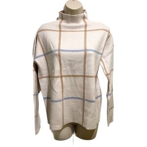 Tahari Long Sleeves Sweater Geometric Squares Pattern, tan cream brown blue sz M